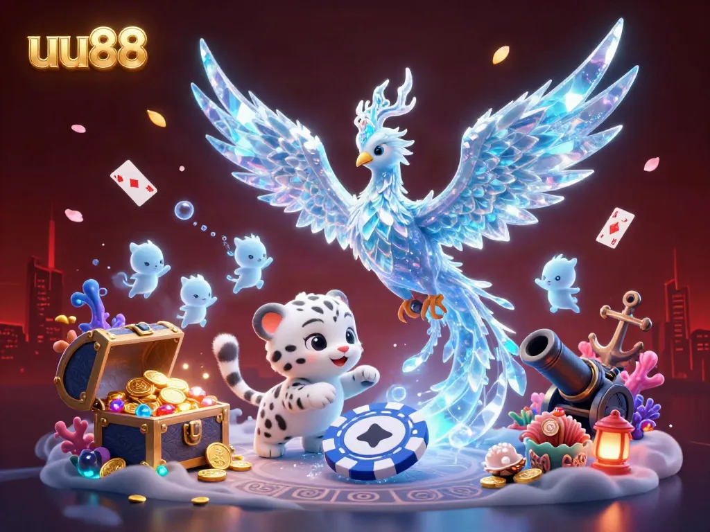 Engage in the thrilling adventures of uu88 with a vibrant 3D cartoon scene featuring a majestic ice phoenix and playful characters.