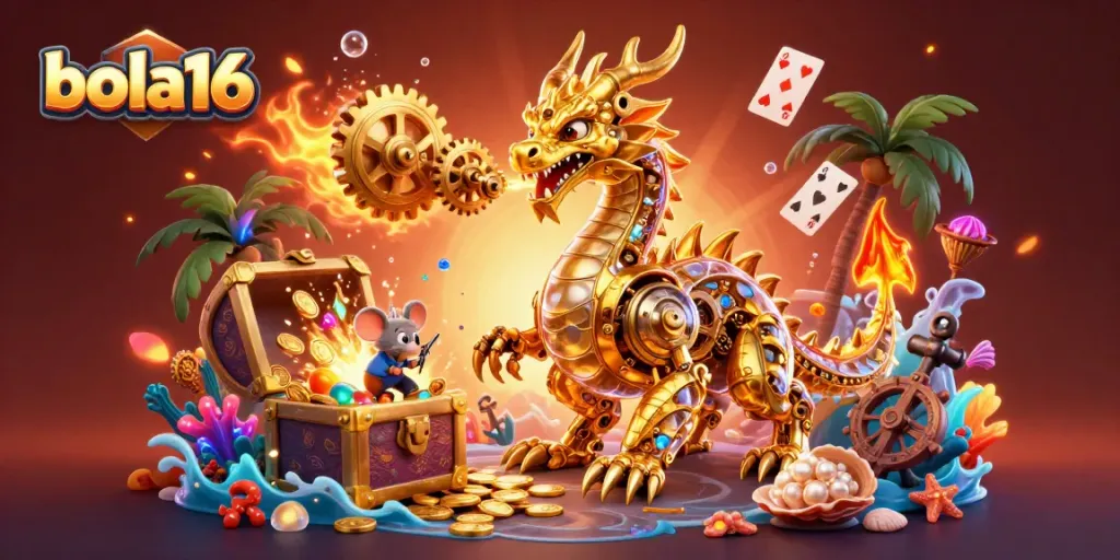 Bola16's dynamic gaming illustration featuring a golden dragon amidst treasure and glowing elements.