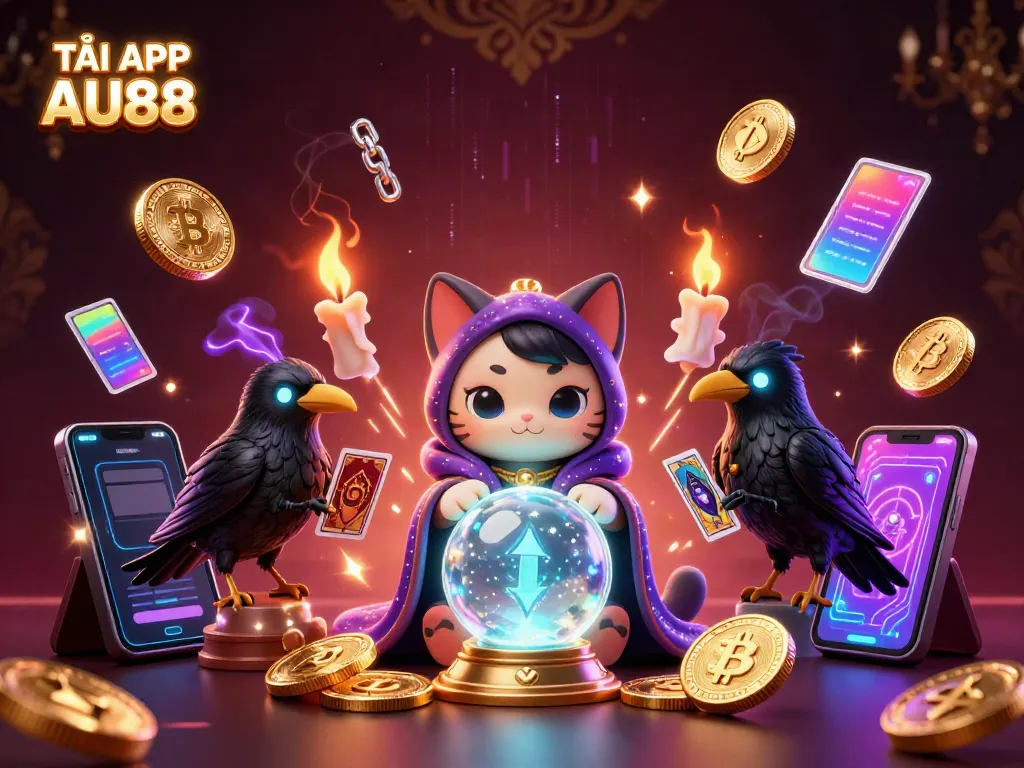 TẢI APP AU88 offers an engaging gambling experience featuring mystical characters and crypto elements in a vibrant setting.
