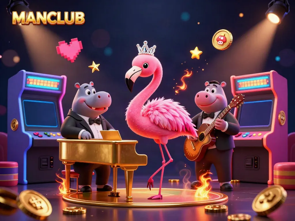 Experience the excitement of MANCLUB with colorful casino elements and lively characters creating a vibrant gaming atmosphere.