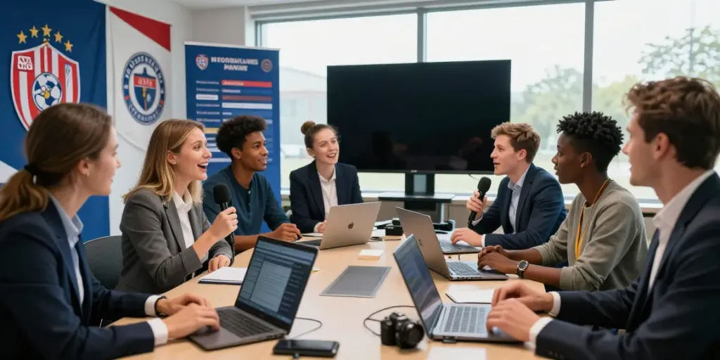 Football news reporters engaging at a press conference, discussing ข่าวกีฬาฟุตบอล and recent transfers.