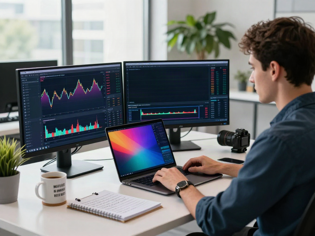 Person analyzing charts on MetaTrader 5 in a modern trading workspace.