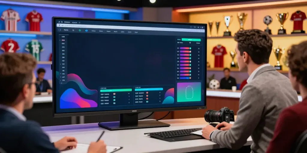 Football expert analyzing TOP10 สโมสร stats in a vibrant studio setting