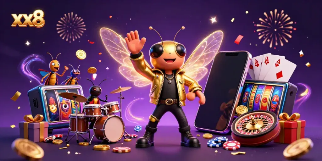 Experience the exciting world of gambling with xx8 featuring a rock star cicada and vibrant casino elements.