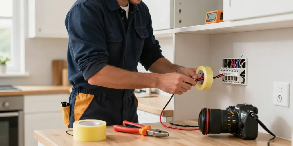 Electrician expertly applying Super33 Daftar electrical tape in a modern kitchen.
