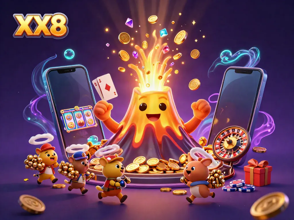 Experience the excitement of XX8 gaming with treasures erupting from a golden volcano and dynamic casino elements.
