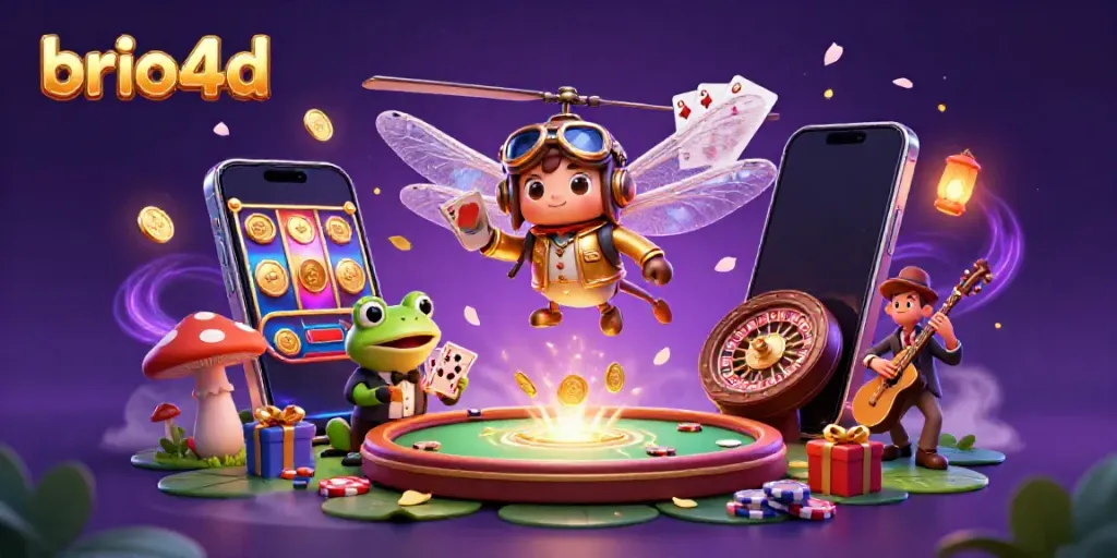 Experience the thrill of gaming at brio4d with a vibrant scene of a dragonfly pilot and frog dealer.