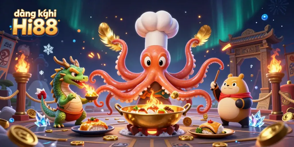Join the excitement with đăng ký Hi88 as a playful octopus chef prepares golden dishes amidst swirling ember particles and vibrant game elements!