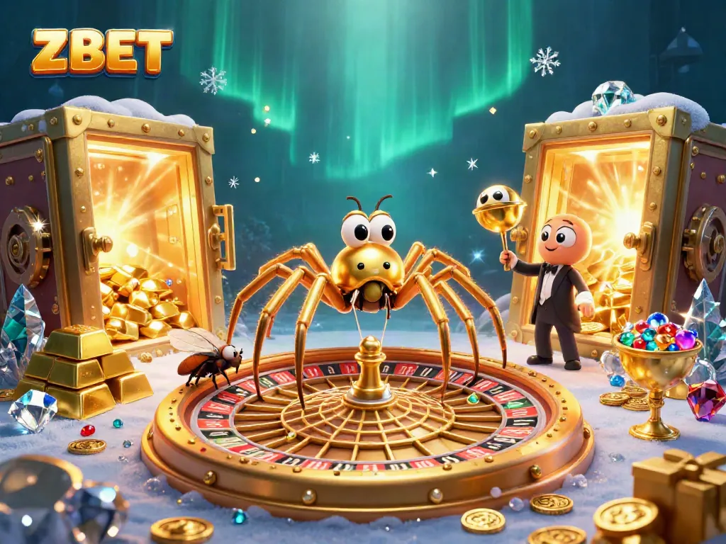 ZBET entices players with a thrilling 3D cartoon casino scene featuring a golden spider and a centipede croupier.