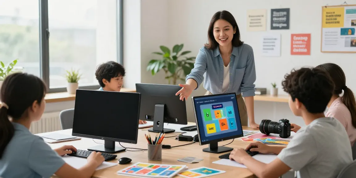 Situs toto interactive online learning environment with a teacher engaging students, vibrant educational materials, and bright atmosphere.