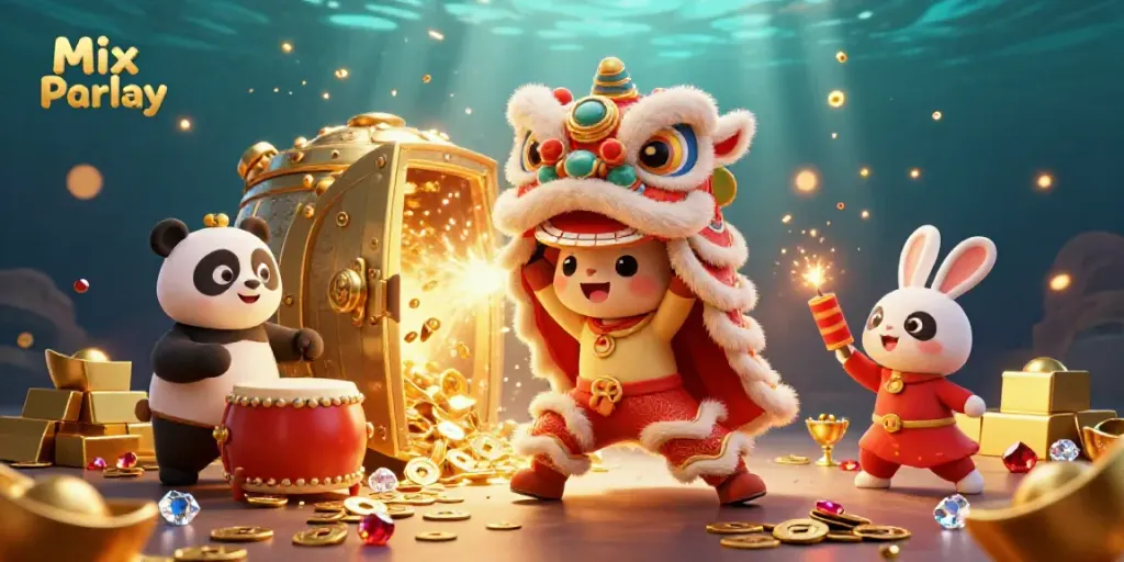 Engage in Mix Parlay gaming strategies illustrated with exuberant characters and dynamic casino elements.