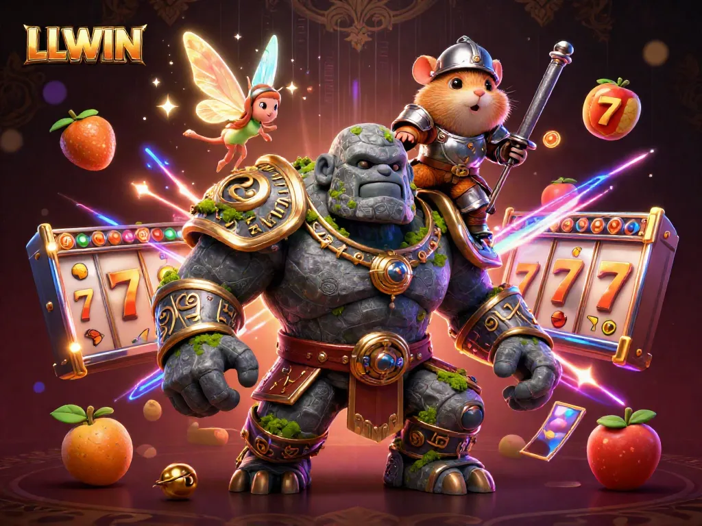 LLWIN slot game scene featuring a golem guardian, fairy, and hamster knight amidst dynamic gaming elements.