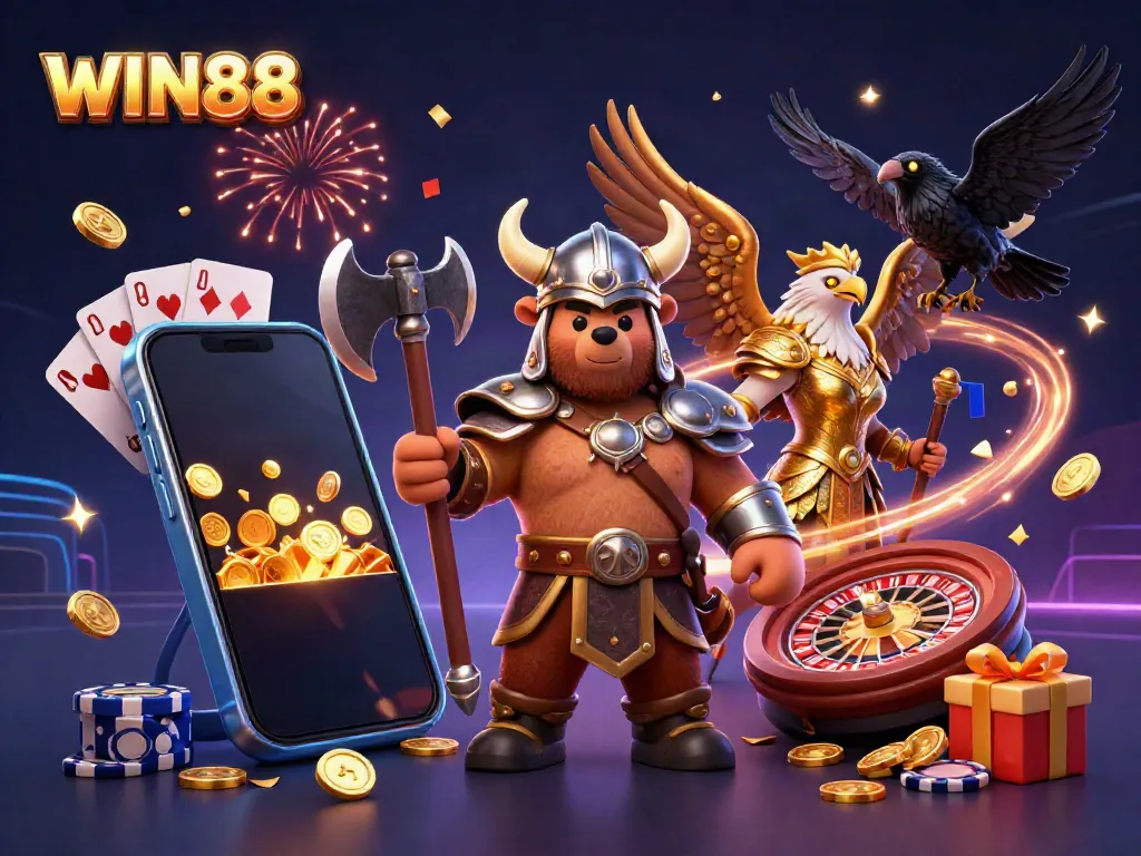 WIN88 Casino features a Viking bear, Valkyrie eagle, slot games, and festive celebration.