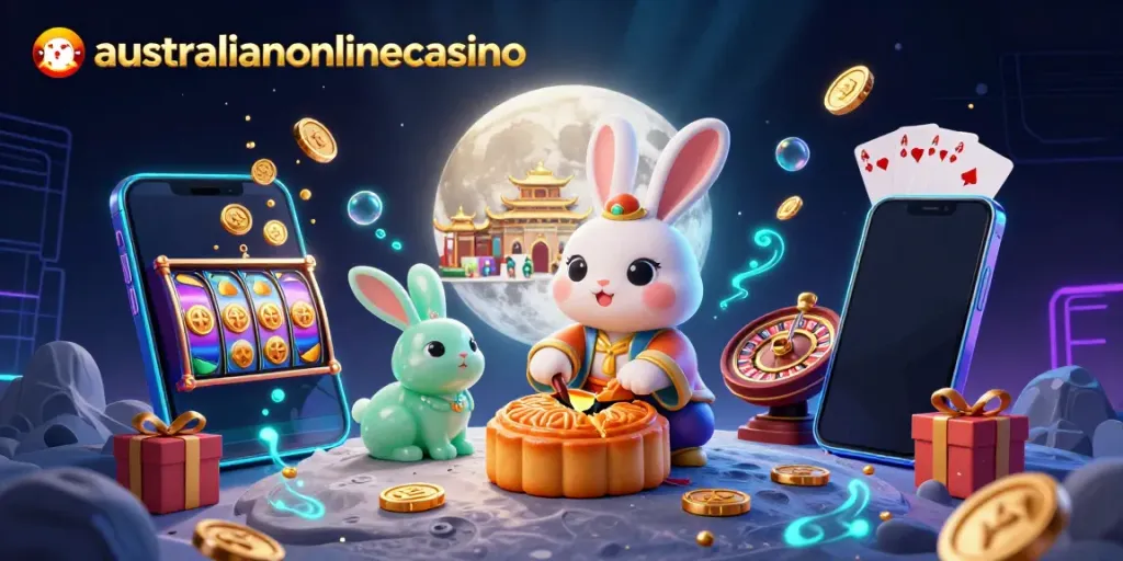 Experience a vibrant australianonlinecasino scene on the moon with golden mooncakes and playful game elements.