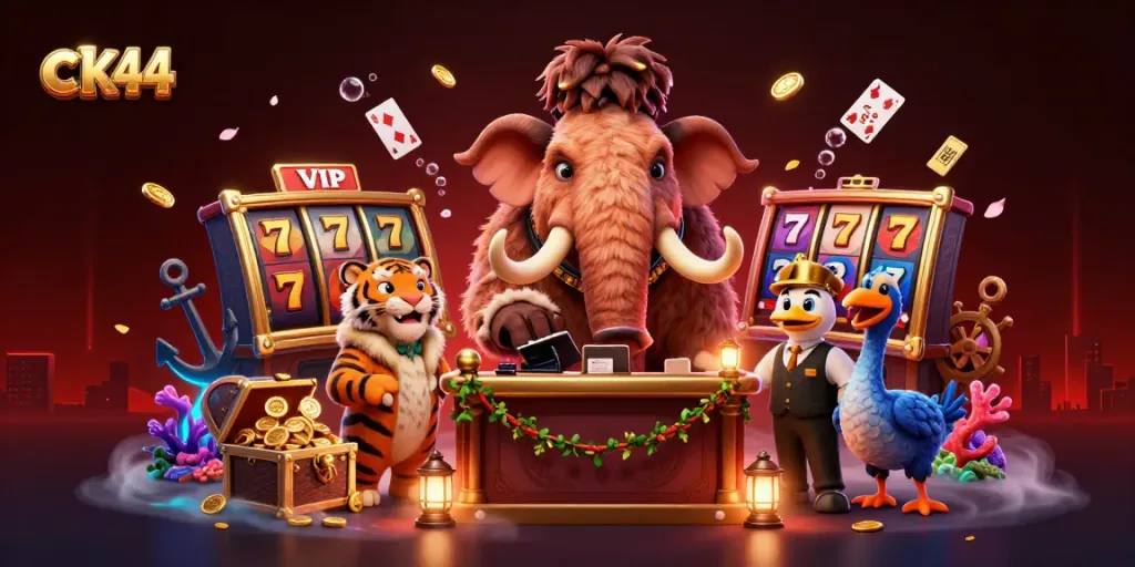 Experience winning at ck44 with a vibrant scene featuring a mammoth bouncer, VIP guests, and casino elements.
