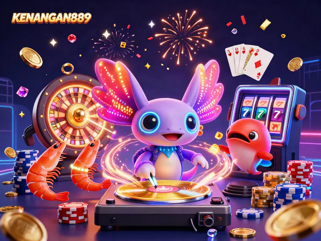 KENANGAN889 engages players with vibrant casino-themed visuals, featuring animated characters and dynamic gaming elements.