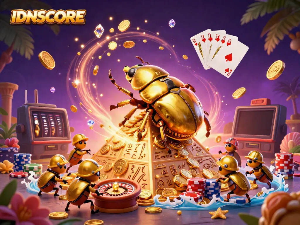 Experience the excitement of IDNSCORE with this vibrant illustration of golden beetles and casino elements.