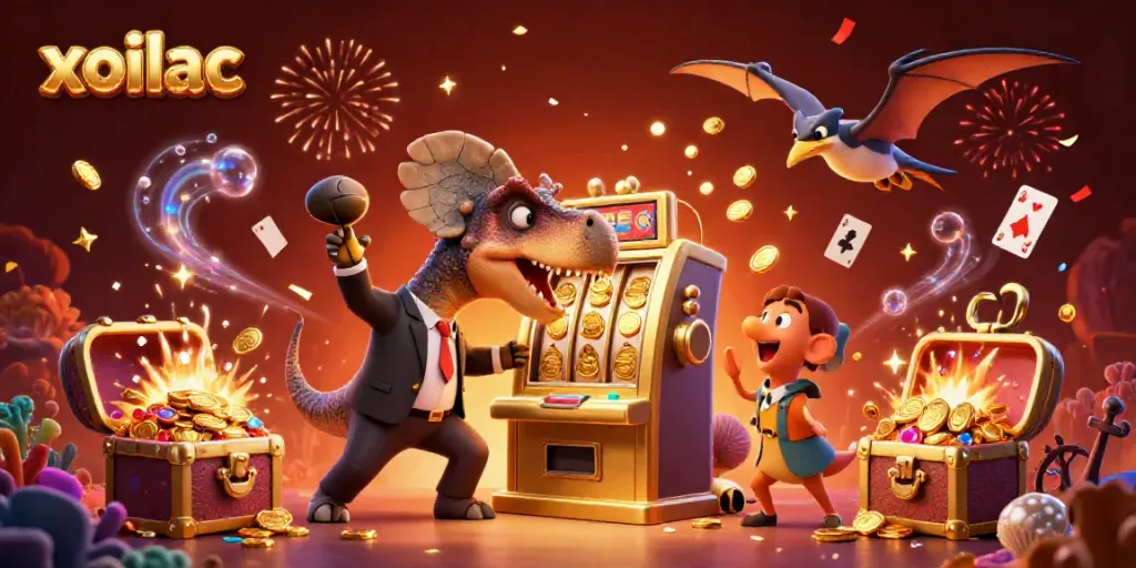 Xoilac's dynamic gaming scene showcasing colorful characters, jackpot wins, and vibrant casino elements.