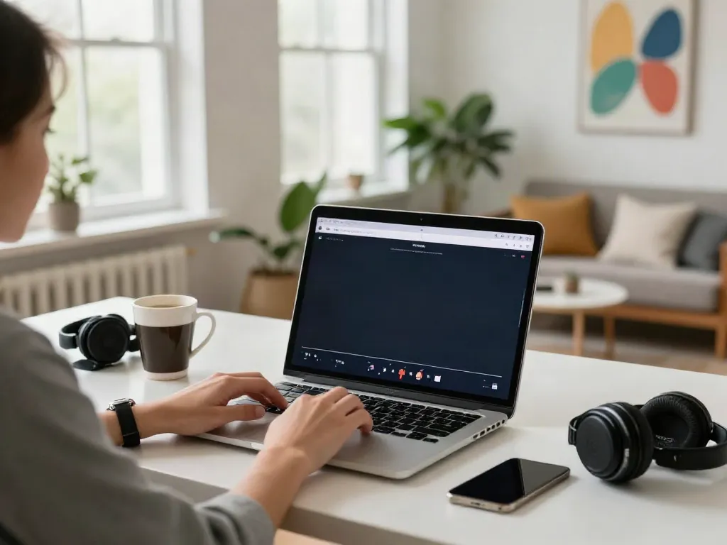 Person using Insanony tool on a laptop in a vibrant home office.