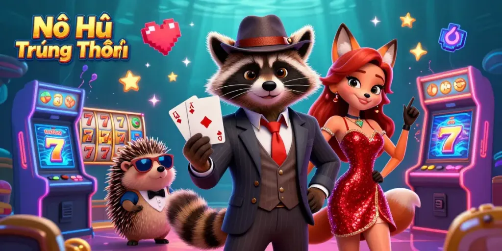 Experience Nổ Hũ Trúng Thưởng with a suave raccoon and a glamorous fox in a vibrant casino.