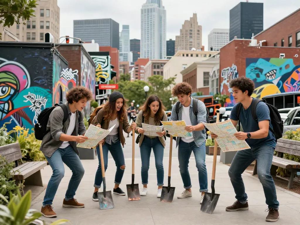 Friends dig this urban treasure hunt game with shovels and maps in an outdoor adventure setting.