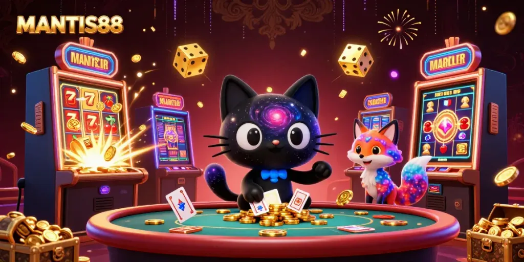 MANTIS88 cat gambling, pulling in golden chips and cards at a cosmic casino table surrounded by vibrant game elements.