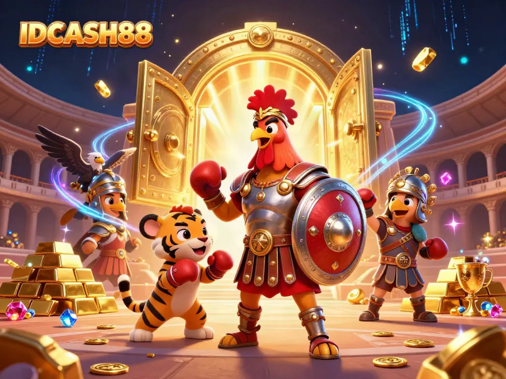 Experience epic adventures with IDCASH88, featuring vibrant visuals of gladiator rooster and sparring tiger cub.