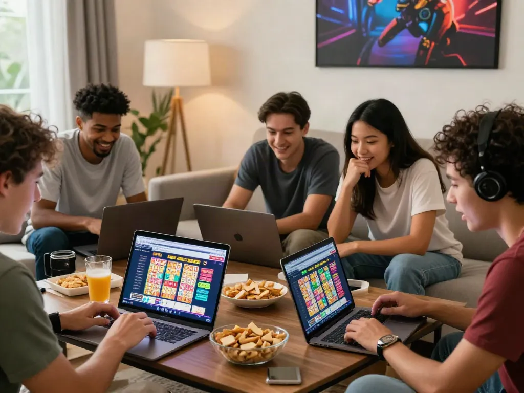 Group of friends enjoying togel betting on https://totobet.net/ in a cozy living room.