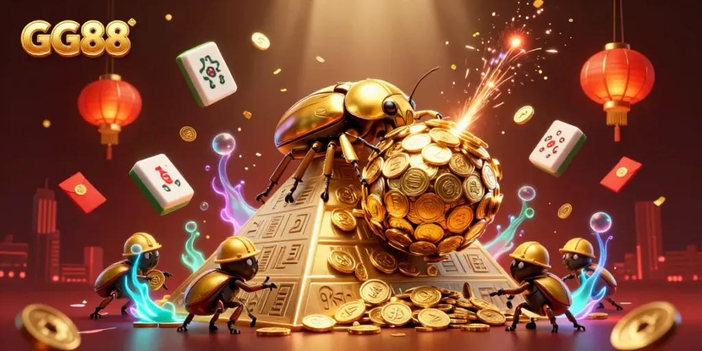 Experience the excitement of GG88 with golden beetles, coins, and dynamic casino elements in a vibrant 3D scene.