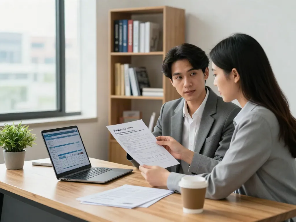 Financial advisor explaining Payday Loans Co options to clients in an office.