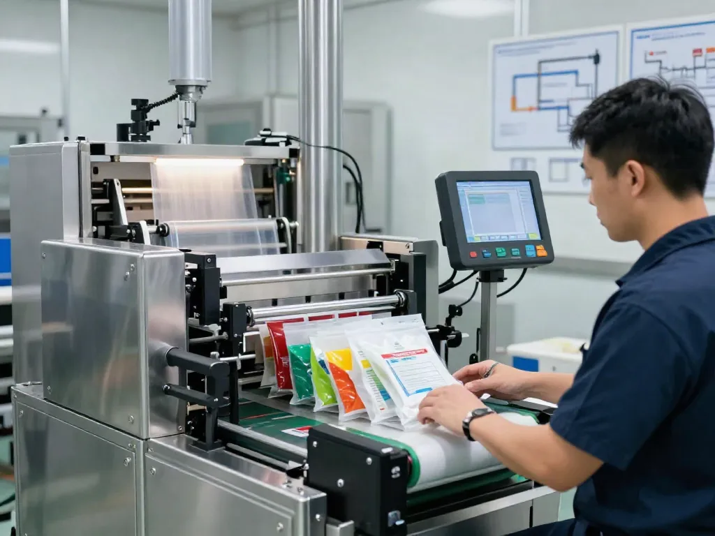 Automated bagging solutions in a high-tech manufacturing environment with technician monitoring machinery.