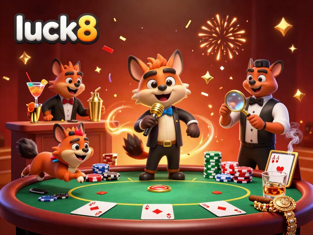 Hyenas operating a vibrant comedy casino club with lively characters and a festive atmosphere showcasing luck8.