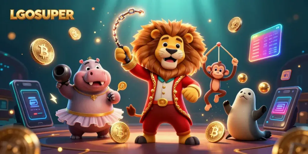 LGOSUPER brings excitement with colorful casino characters and cryptocurrency elements in this engaging digital scene.