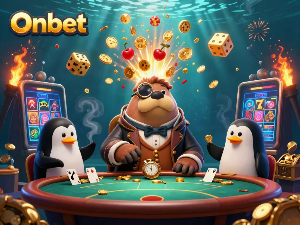 Experience the thrill of Onbet's underwater casino with a lively walrus, dealer penguin, and bluffing pufferfish!