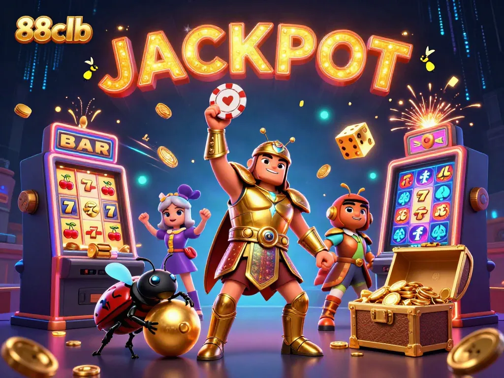 Experience thrilling wins at 88clb with a cartoon beetle and jackpot explosion in this vibrant casino illustration.