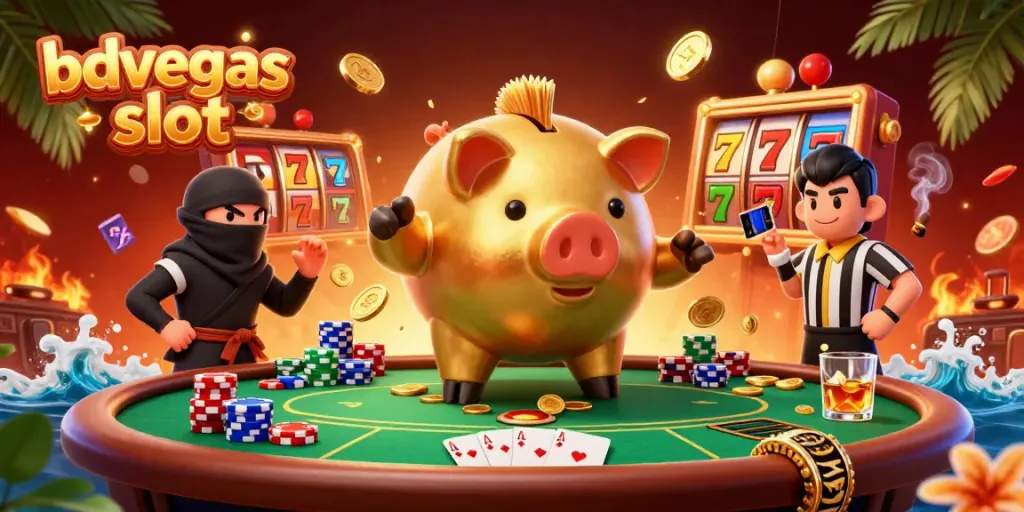 Spin the reels with the bdvegas slot dynamic scene showcasing a golden piggy bank, ninja, and samurai.