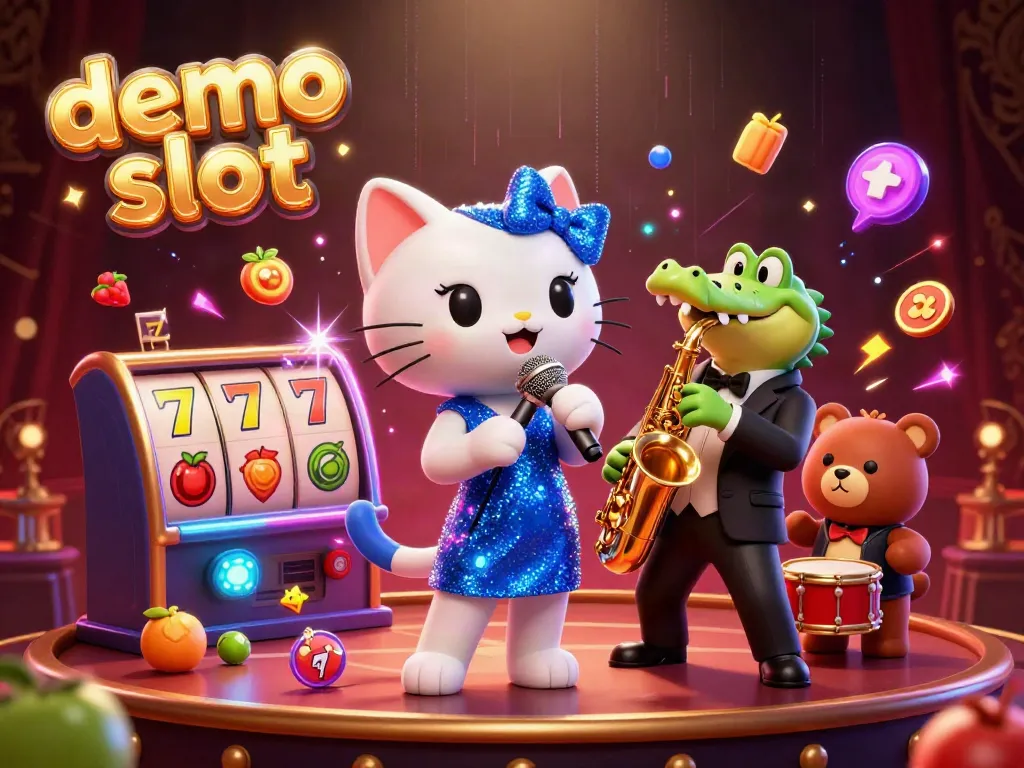 Engage with demo slot gameplay in vibrant 3D featuring lively cartoon characters and casino elements.