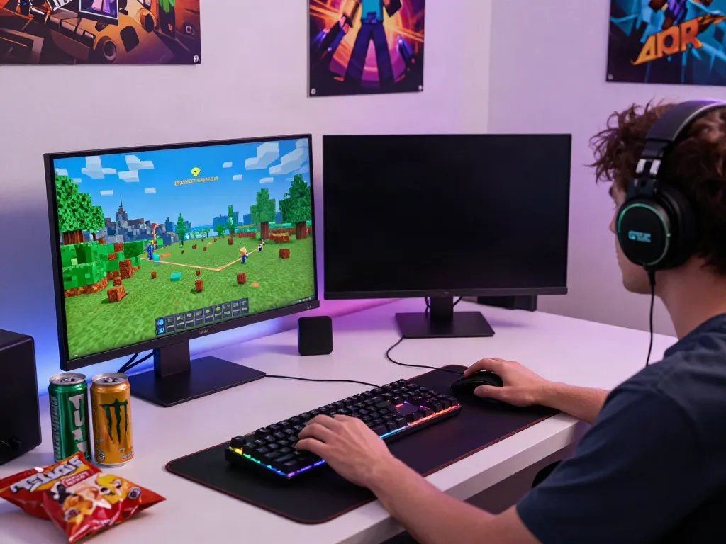 Engaged gamer using G15Tools on a high-resolution gaming setup with vibrant Minecraft visuals.