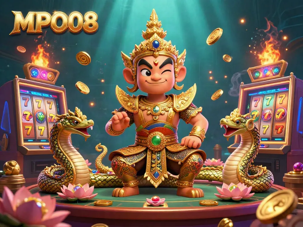 Experience the excitement of MPO08 in a vibrant casino scene featuring golden-scaled guardians and spinning slot machines.
