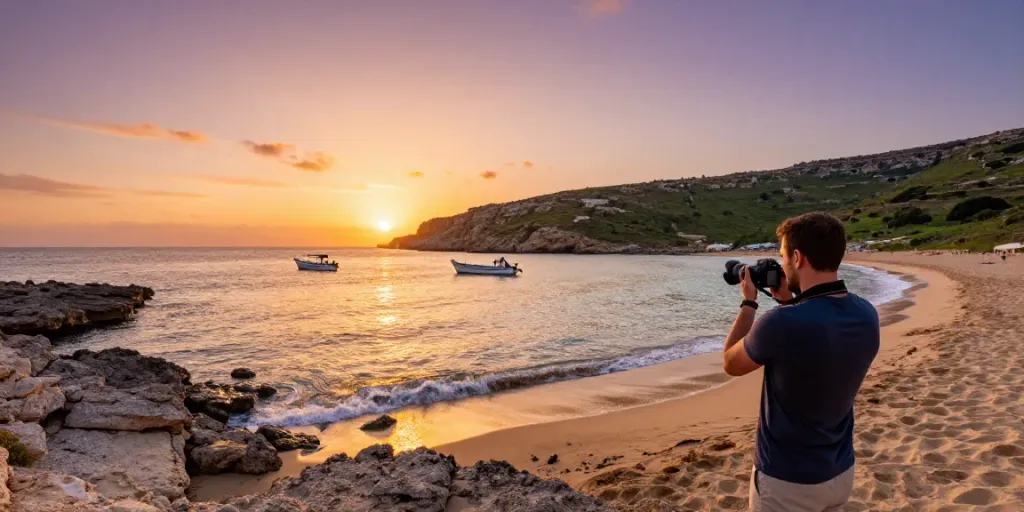Gozo tours: Traveler capturing beautiful sunset at Gozo's beach.