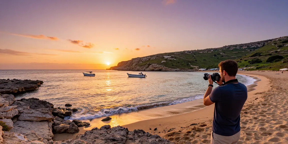Gozo tours: Traveler capturing beautiful sunset at Gozo's beach.