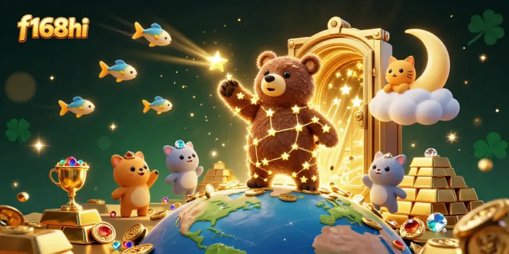 Engage with f168hi as a constellation bear collects golden coins amidst enchanting casino elements.