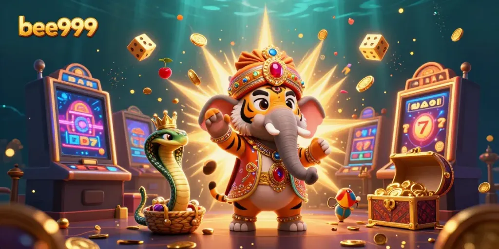 Play thrilling casino games with bee999, featuring a vibrant maharaja, elephant, and jackpot elements.