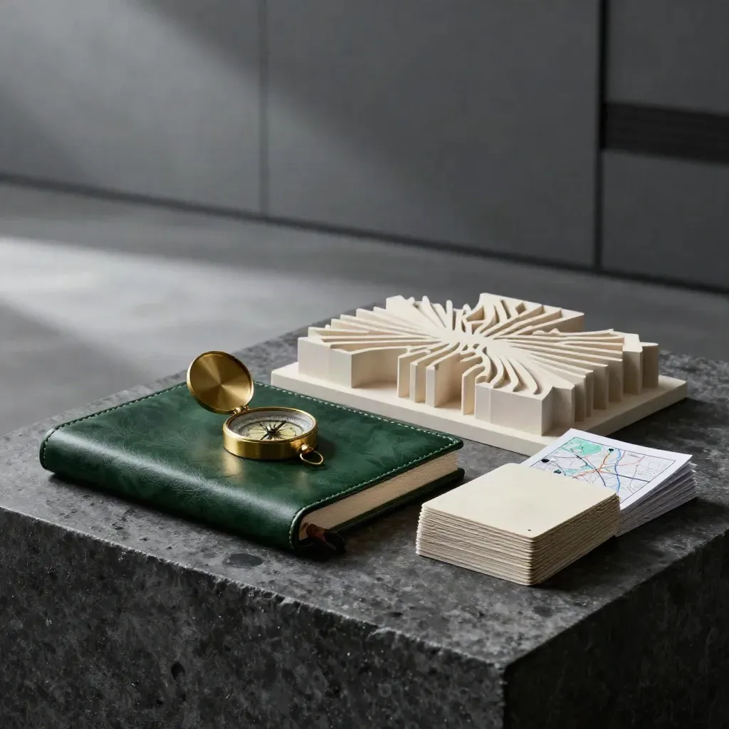 Strategy folio, brass compass, ivory cards and roadmap sheets on a stone plinth at dawn.