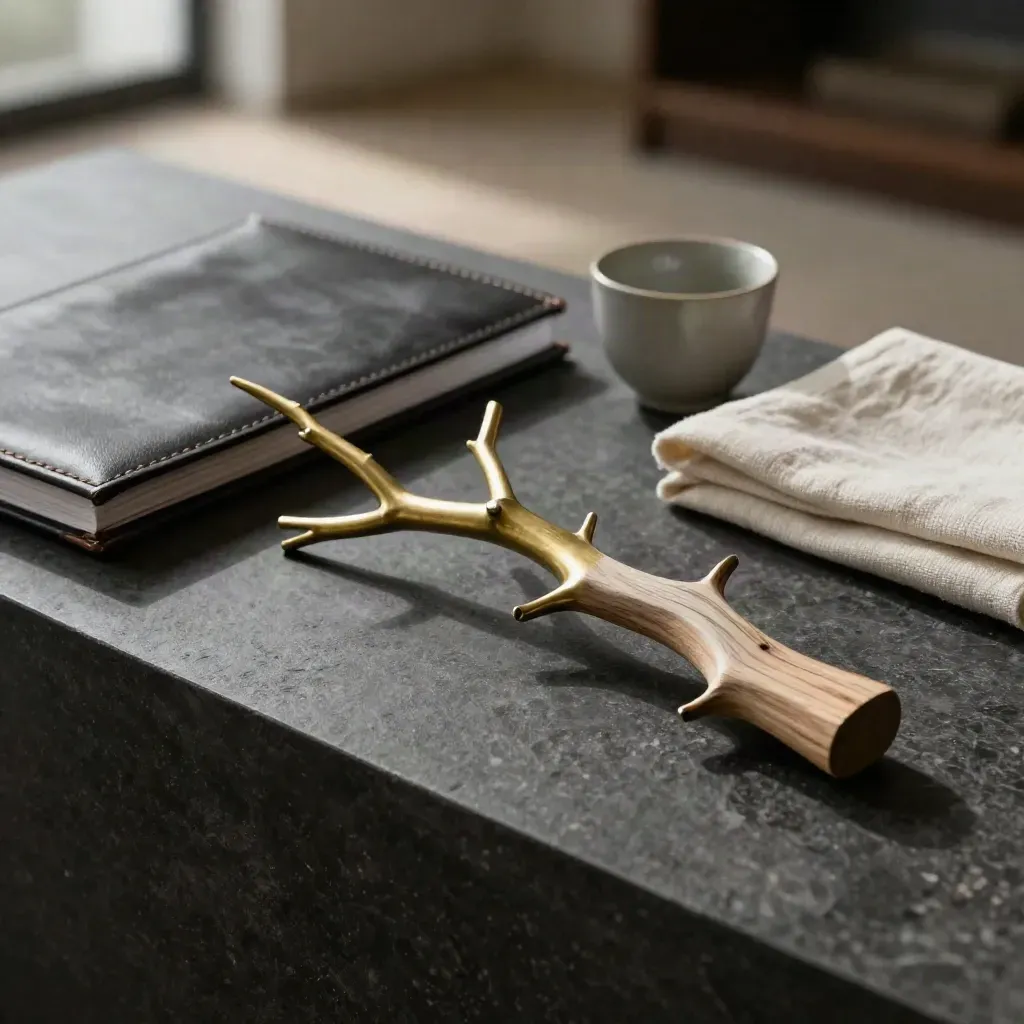 Strategy advisory still life with branching path model, folio and ceramic cup on stone.