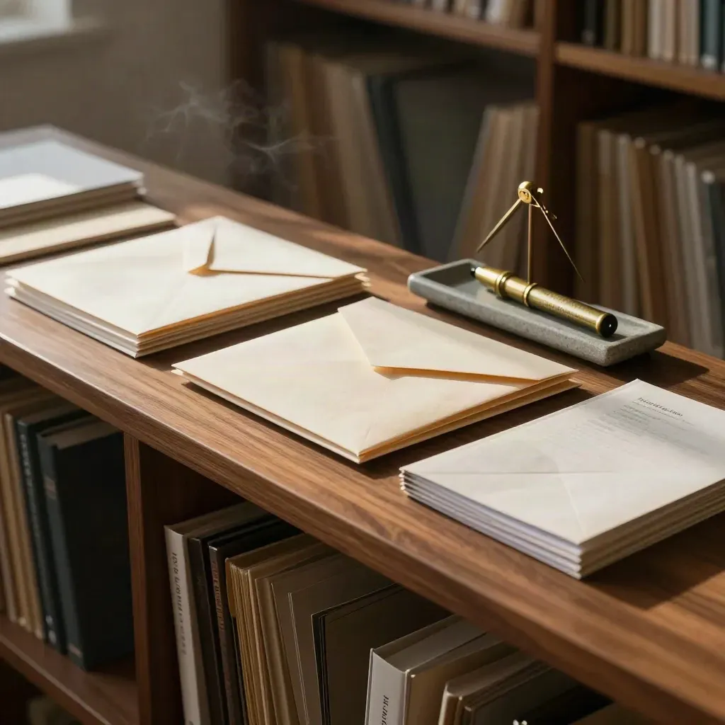 Archival envelopes, brass markers, and a stone balance tray arranged in a quiet audit kit.