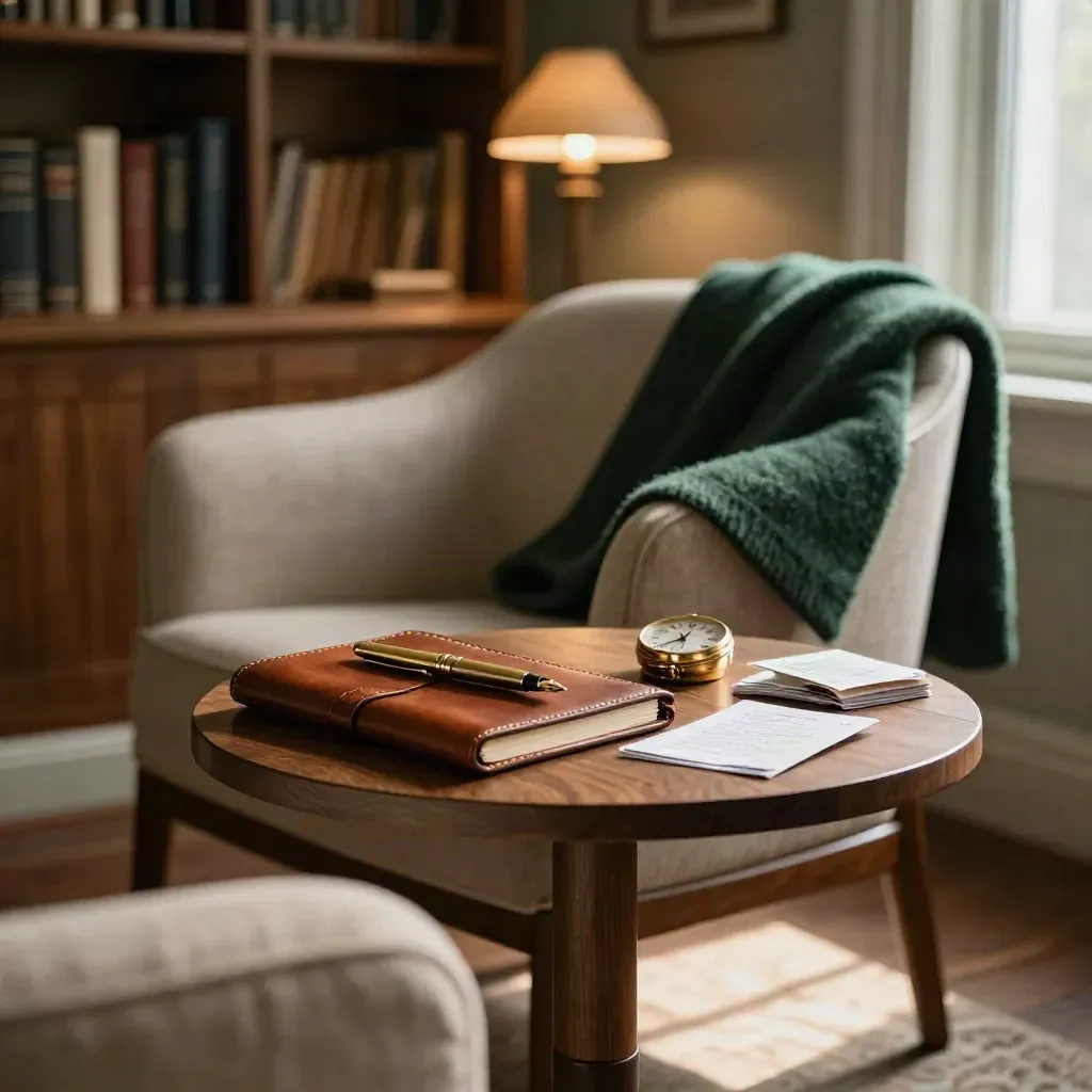 Cozy coaching corner with leather notebook, brass timepiece, and wool throw by a chair.