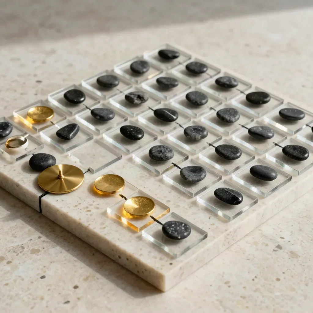 Clear acrylic decision tiles, black pebbles and a brass disc on travertine, with one gold marker set.