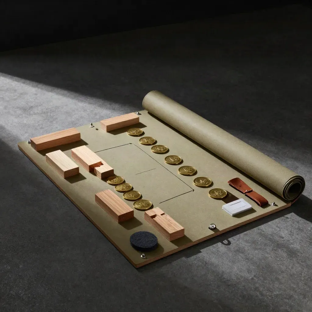 Overhead workshop facilitation kit with oak blocks, brass tokens, and a fold-flat pin board
