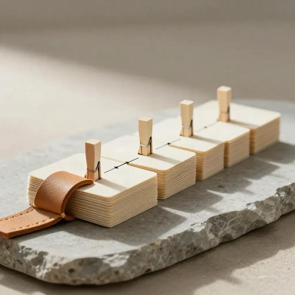 Ivory card stacks, wooden pegs and a leather strap arranged diagonally on matte stone.
